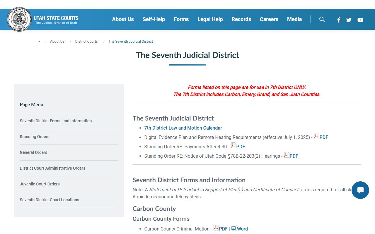 Seventh Judicial District Court website serving Carbon County family court records