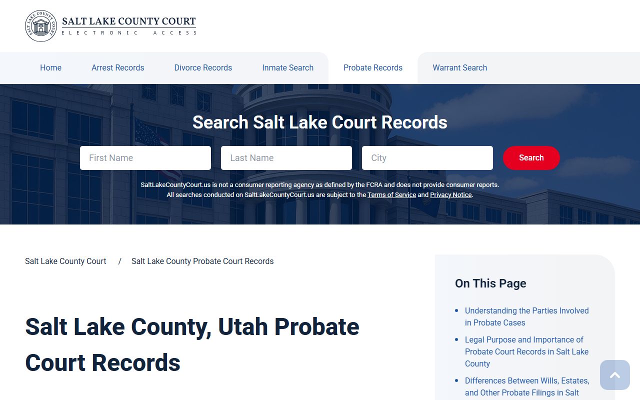 Salt Lake County family court records probate records access page