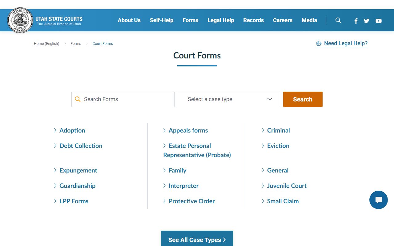 Utah Courts family law forms page showing OCAP interactive form tool for Utah family court records