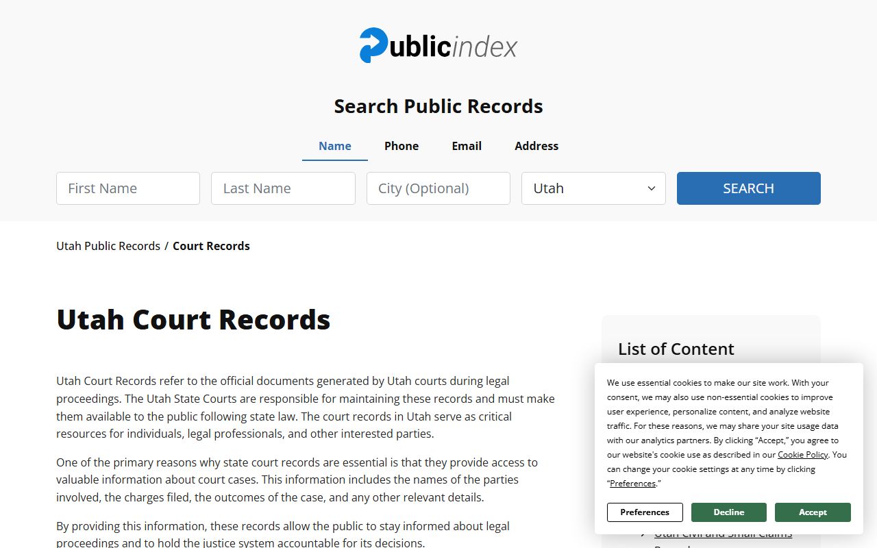 The Public Index Utah court records database for searching Utah family court records