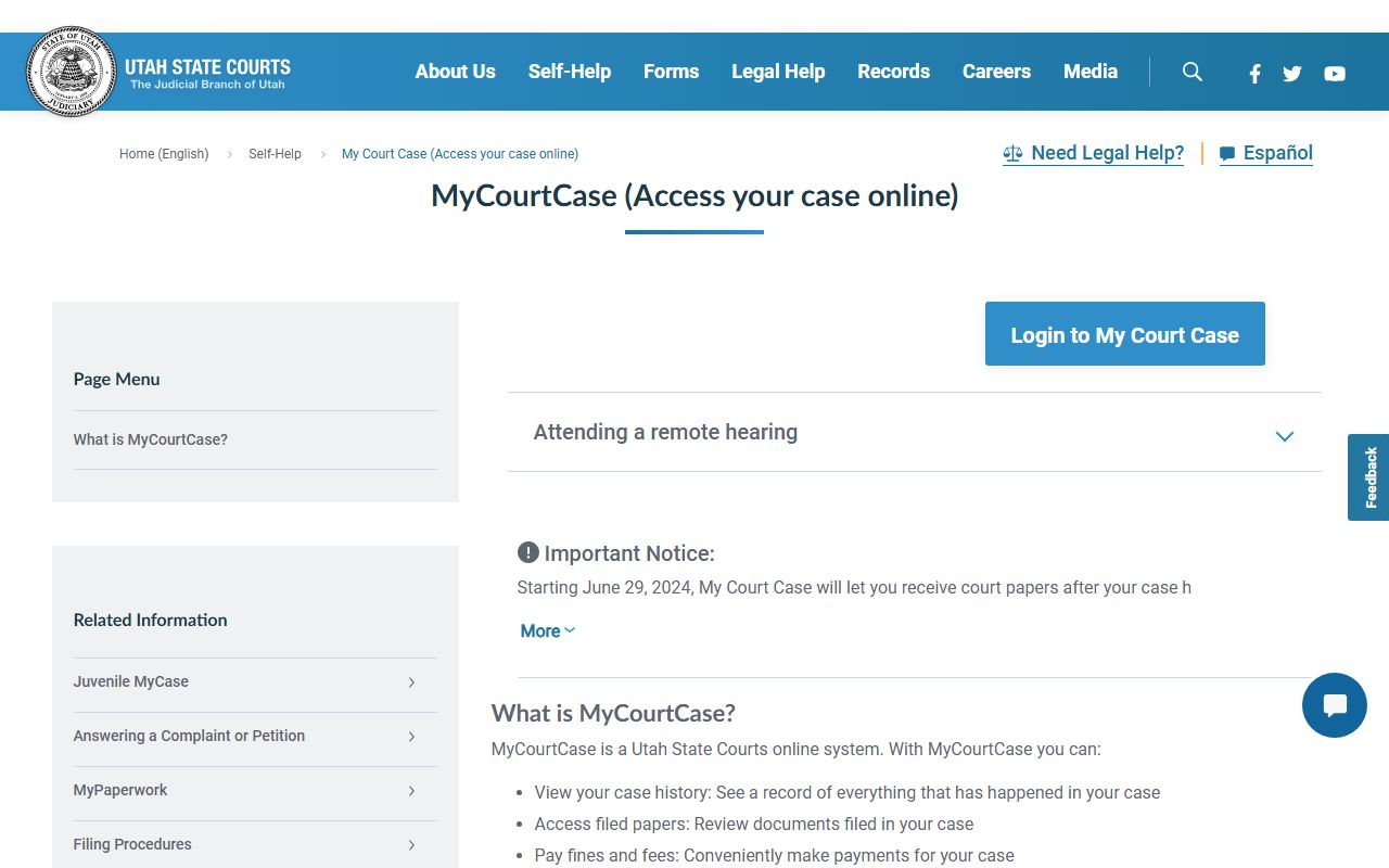 Utah MyCourtCase online portal for accessing Utah family court records