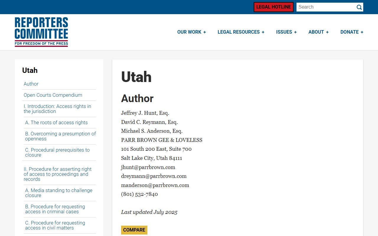Reporters Committee open courts compendium for Utah showing Utah family court records access rules
