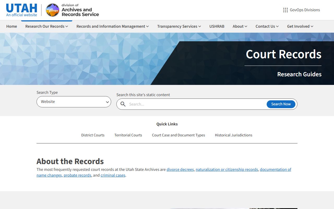 Utah State Archives court records research page for Utah family court records